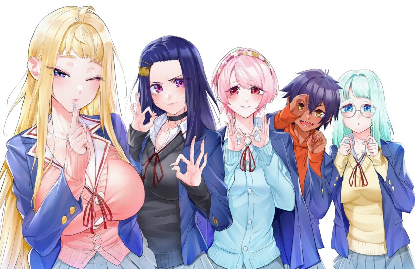 5girls, akino_sayuri, asuka_(dosanko_gyaru_wa_namaramenkoi), bangs_pinned_back, black_choker, black_hair, black_sweater, blazer