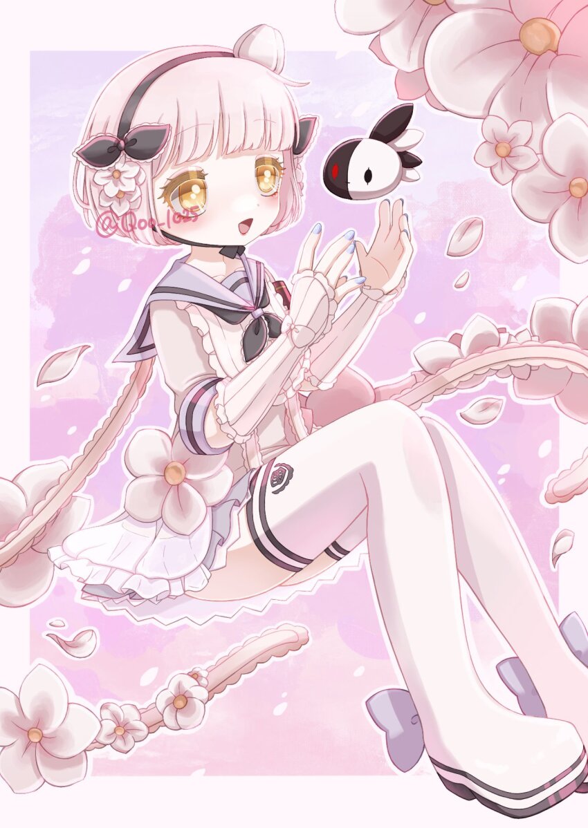 1girl, bud, fav_(mahoiku), fingerless_gloves, flower, flower_ornament, gloves, hair_ornament