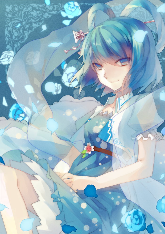 1girl, blue_flower, blue_hair, blue_rose, blue_theme, female_focus, flower, hair_ornament