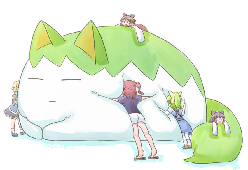 5girls, animal, black_hair, black_sandals, blonde_hair, blue_dress, bow, brown_hair