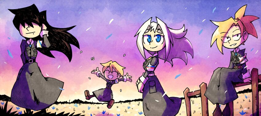 armband, belt, black_hair, blonde_hair, blue_eyes, boots, coat, dusk