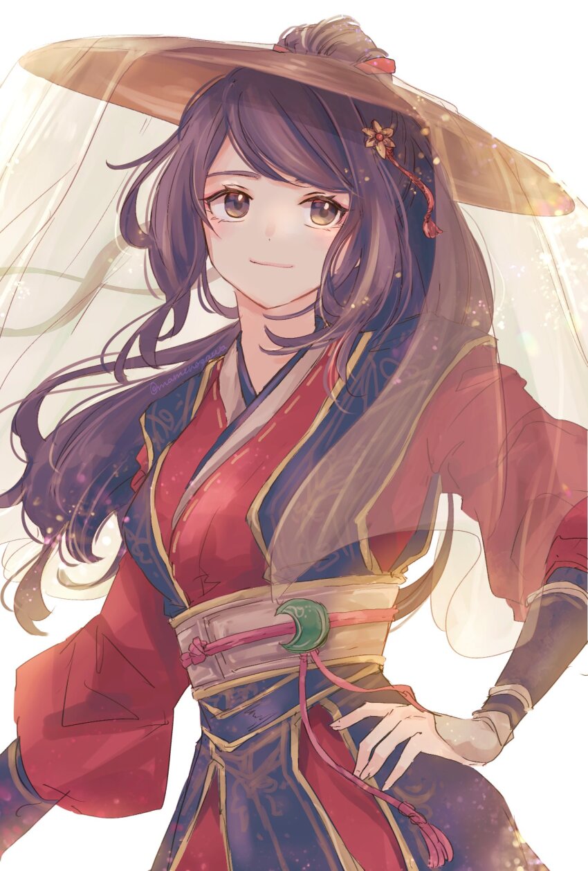 1girl, black_hair, brown_eyes, brown_hat, closed_mouth, commentary_request, cosplay, hand_on_own_hip, hat, highres, hikari_ku, hikari_ku_(cosplay), japanese_clothes, kimono, long_hair, loose_hair_strand, mamenogawa, octopath_traveler, octopath_traveler:_champions_of_the_continent, octopath_traveler_ii, red_kimono, sigrid_(octopath), smile, solo, standing, tassel, wavy_hair, white_background