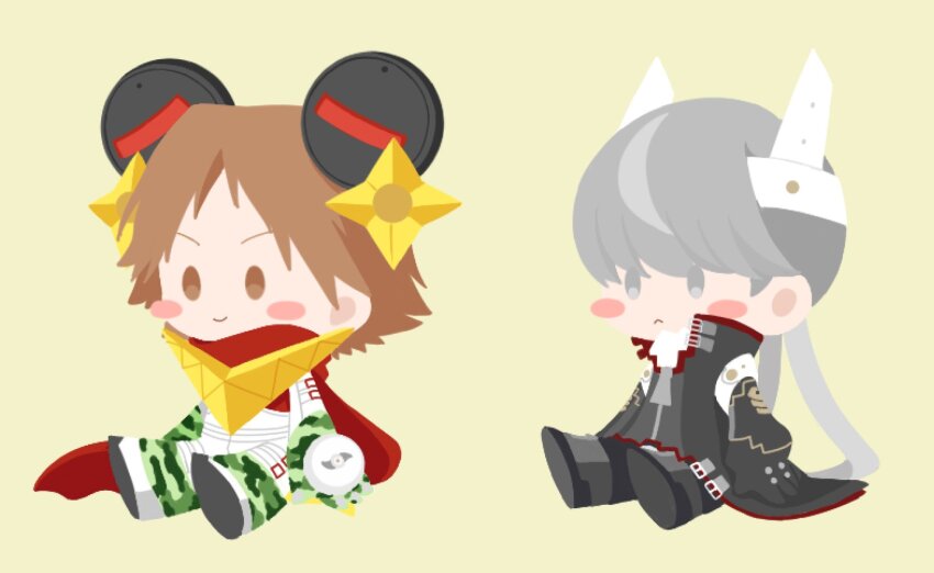 2boys, blush_stickers, brown_eyes, brown_hair, camouflage, chibi, chibi_only, closed_mouth