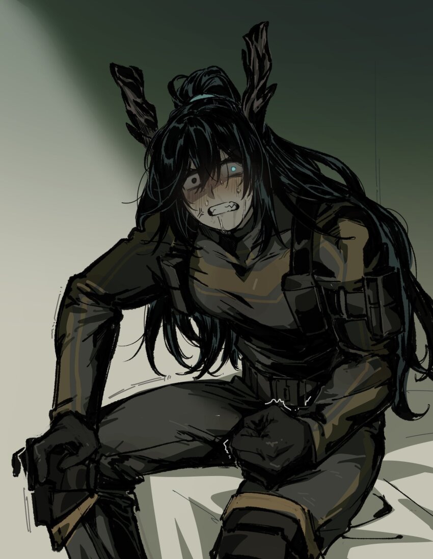 1boy, anger_vein, antlers, armor, black_armor, black_bodysuit, black_eyes, black_gloves