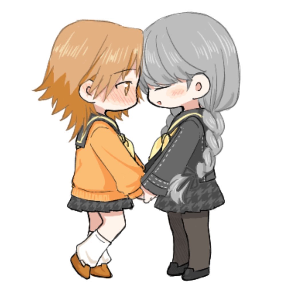 2girls, aliasing, black_shirt, blush, braid, brown_eyes, brown_hair, cardigan, closed_eyes, commentary_request, ebak_k3, forehead-to-forehead, full_body, genderswap, genderswap_(mtf), grey_eyes, grey_hair, grey_skirt, hanamura_yousuke, heads_together, holding_hands, houndstooth, long_hair, looking_at_another, multiple_girls, narukami_yu, open_mouth, orange_cardigan, pantyhose, persona, persona_4, school_uniform, shirt, short_hair, simple_background, skirt, socks, standing, twin_braids, white_background, white_socks, yasogami_school_uniform, yuri