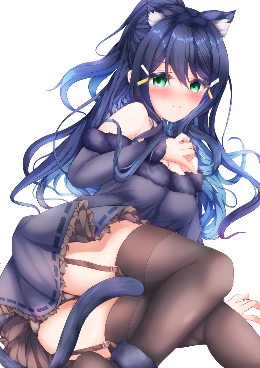 1girl, alternate_hair_color, animal_ears, arm_support, bare_shoulders, blue_dress, blue_hair, blush