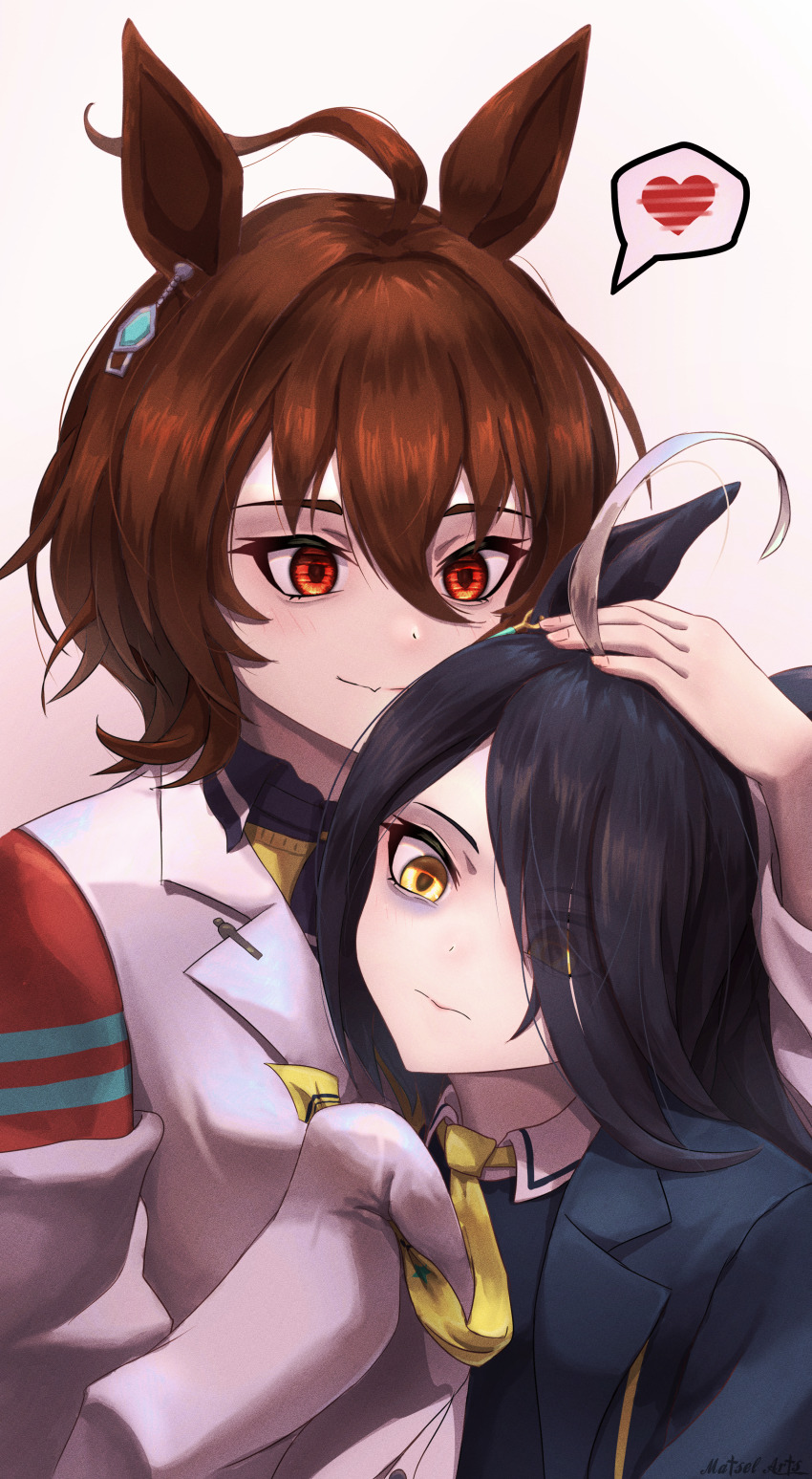 2girls, absurdres, agnes_tachyon_(umamusume), ahoge, artist_name, bags_under_eyes, black_coat, black_vest