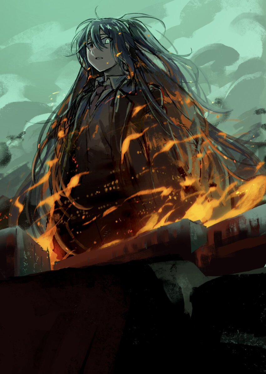 1boy, aqua_background, black_eyes, black_hair, black_jacket, black_vest, blue_eyes, collared_shirt