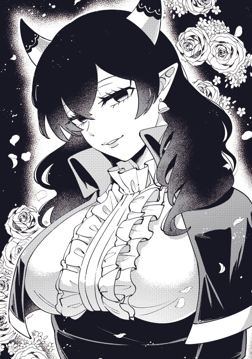 1girl, bell, bell_earrings, capelet, center_frills, collar, dantalion_dali, demon_girl, earrings, empty_eyes, eyelashes, flower, frilled_collar, frills, greyscale, highres, horns, isiko_mim_z, jewelry, long_hair, looking_at_viewer, mairimashita!_iruma-kun, monochrome, petals, pointy_ears, rose, smile, solo, upper_body, wing_collar