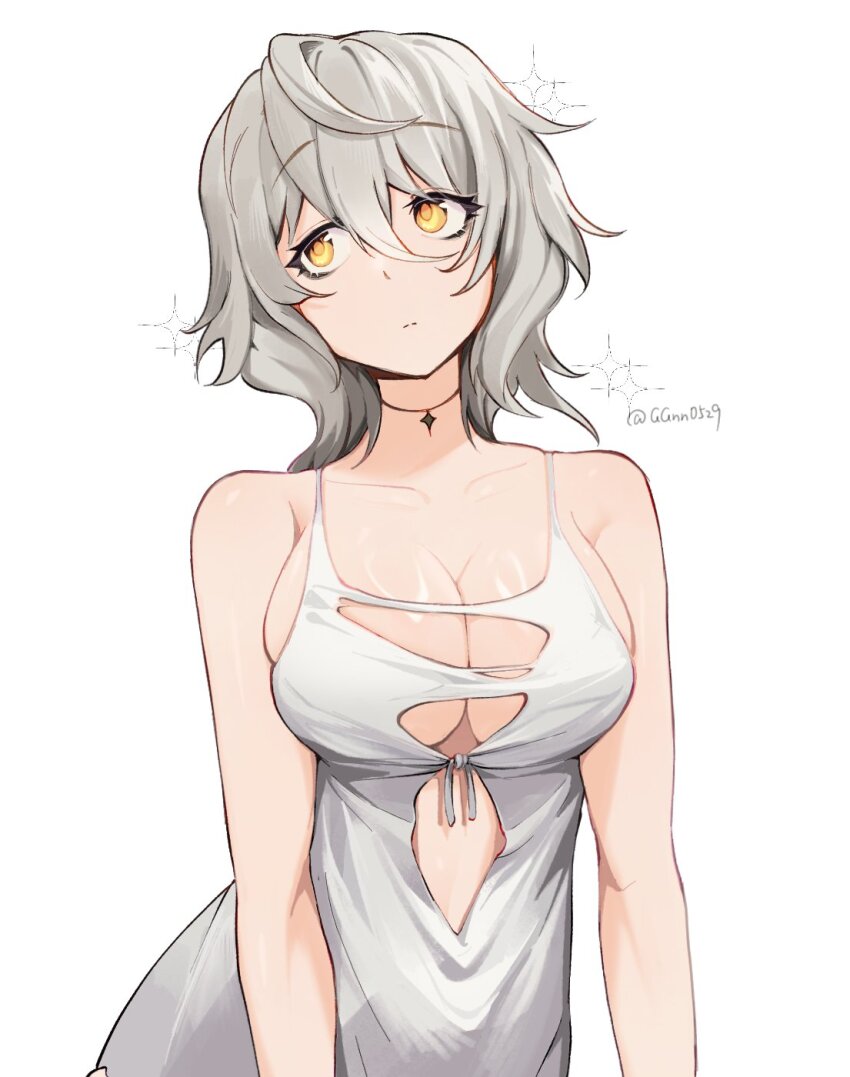 1girl, breasts, cleavage, code_vein, dress, grey_hair, guagua977, highres, io_(code_vein), large_breasts, simple_background, sleeveless, sleeveless_dress, solo, upper_body, white_background, white_dress, yellow_eyes