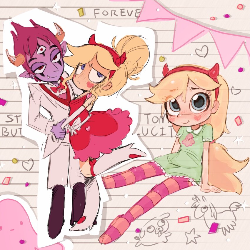 absurdres, bananameowffins, blonde_hair, colored_skin, deformed, dress, facial_mark, fake_horns