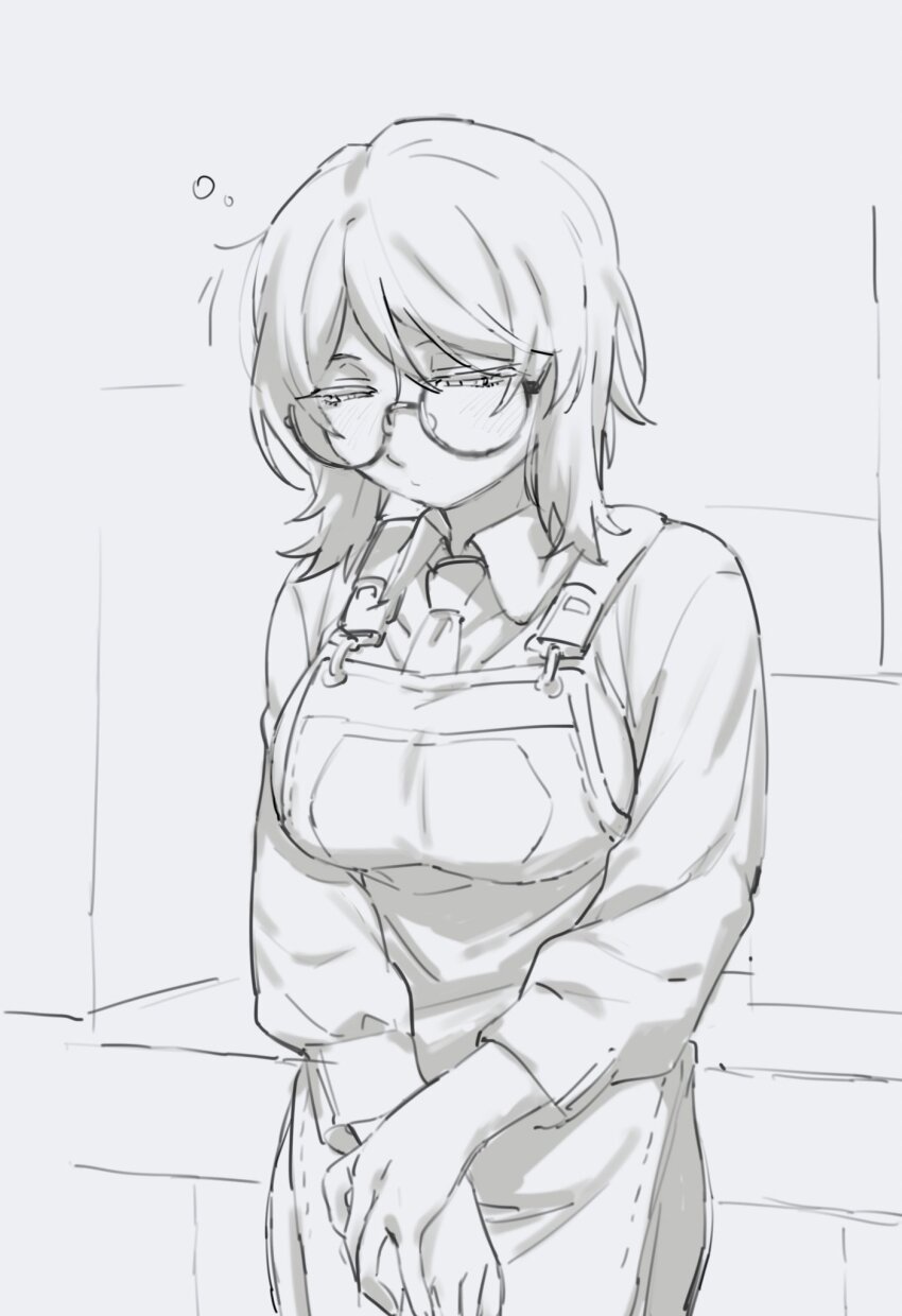 1girl, apron, breasts, closed_mouth, collared_shirt, faust_(project_moon), glasses, highres