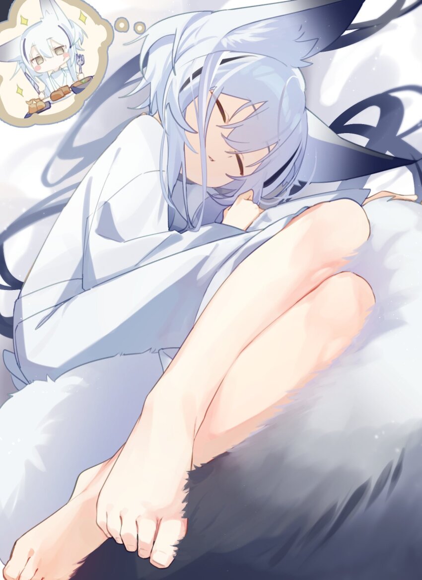 1girl, animal_ear_fluff, animal_ears, barefoot, closed_eyes, dreaming, feet, foot_focus, fox_ears, fox_girl, fox_tail, highres, long_hair, lying, nekozyake_game, on_side, original, pants, shirt, sleeping, solo, sparkle, tail, very_long_hair, white_hair, white_pants, white_shirt