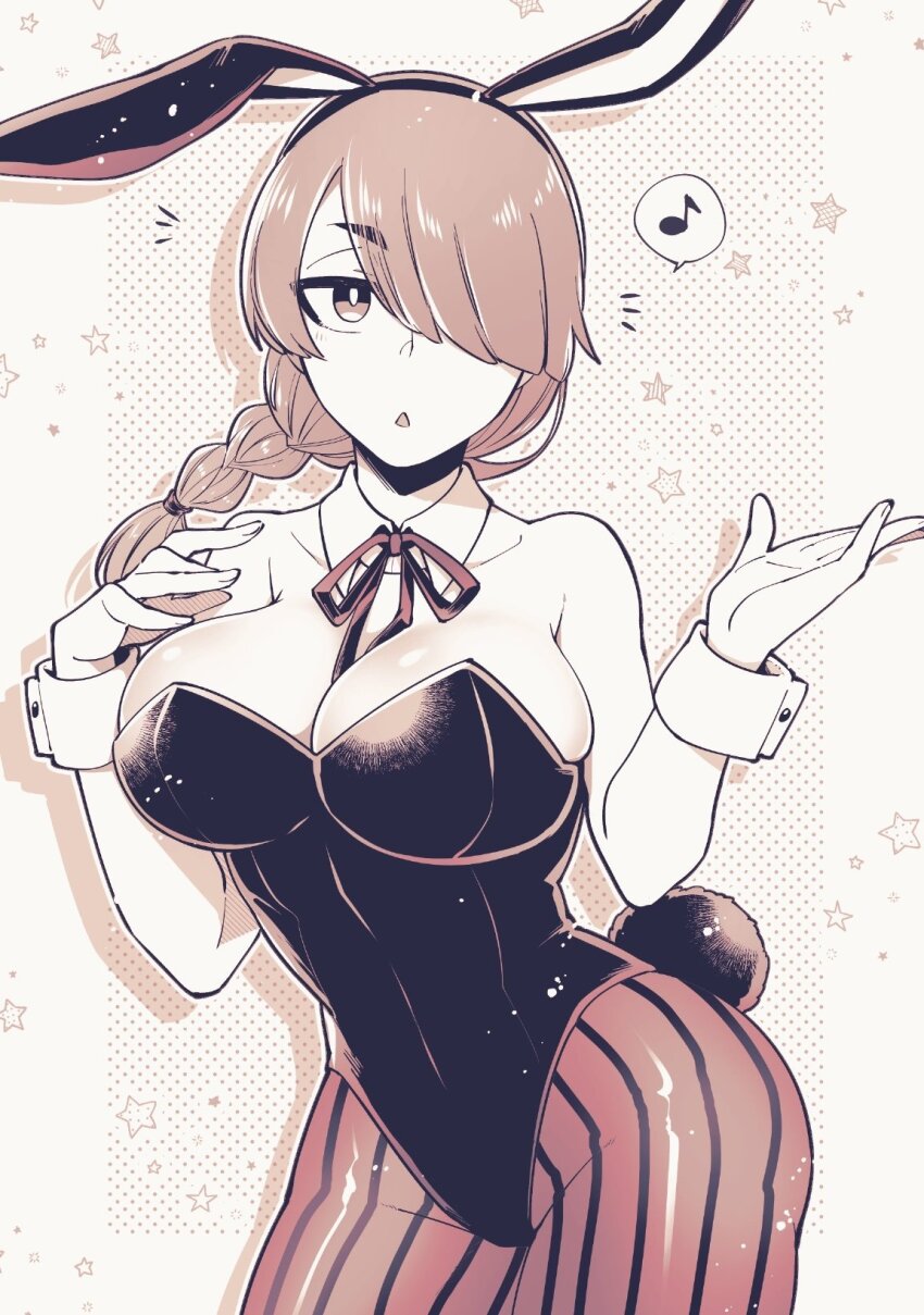 1girl, animal_ear_hairband, animal_ears, bare_shoulders, braid, breasts, cowboy_shot, detached_collar, drop_shadow, eighth_note, fake_animal_ears, fake_tail, genderswap, genderswap_(otf), hair_over_one_eye, hairband, highleg, highleg_leotard, highres, isiko_mim_z, large_breasts, leotard, long_hair, looking_at_viewer, mairimashita!_iruma-kun, musical_note, opera_(iruma-kun), outline, pantyhose, playboy_bunny, rabbit_ear_hairband, rabbit_ears, rabbit_tail, ribbon, sepia, simple_background, solo, spoken_musical_note, strapless, strapless_leotard, striped_clothes, striped_pantyhose, tail, white_background, wrist_cuffs