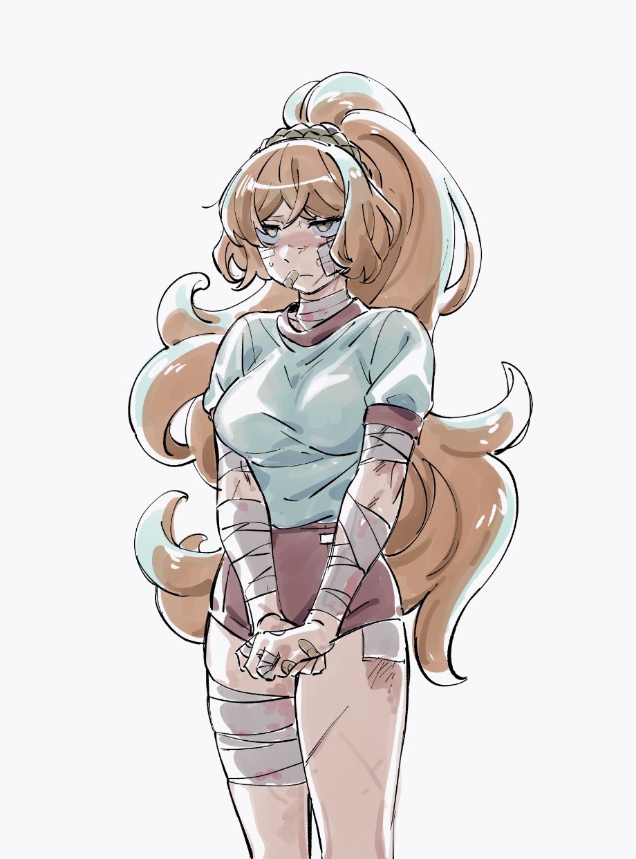 1girl, alternate_costume, alternate_hairstyle, bandages, blood, blue_shirt, breasts, brown_hairband, cowboy_shot, freckles, hairband, highres, ishmael_(project_moon), keisotu_kuruu, limbus_company, long_hair, looking_at_viewer, orange_hair, ponytail, project_moon, red_shorts, scar, shirt, short_shorts, shorts, simple_background, solo, standing, white_background