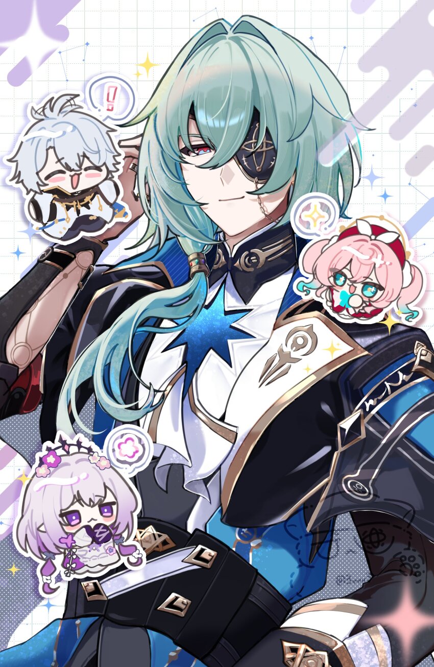 2boys, 2girls, 3vvv3, absurdres, anaxa_(honkai:_star_rail), aqua_eyes, aqua_hair, ascot