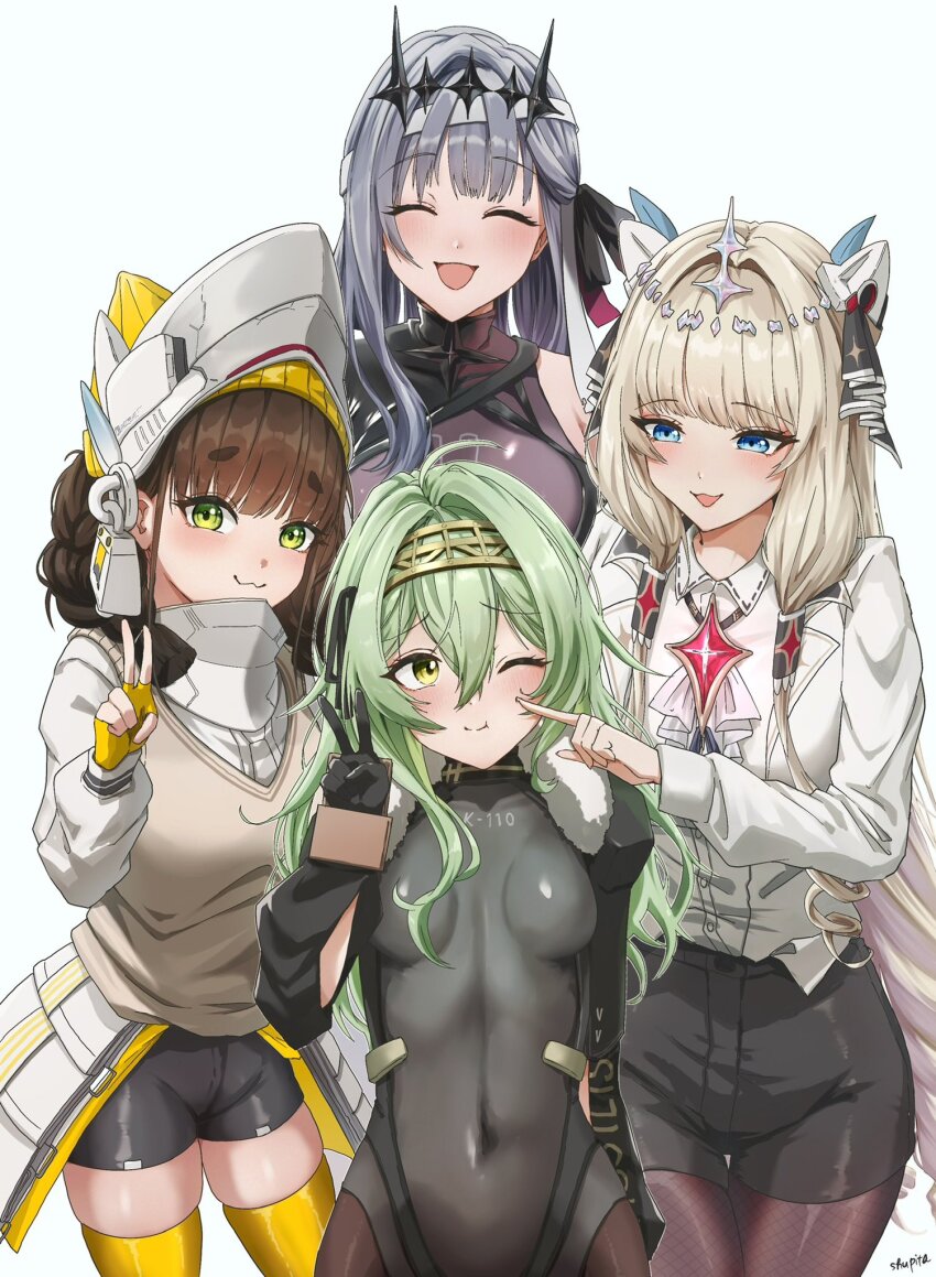 4girls, bandaged_head, bandages, beanie, black_bodysuit, black_crown, black_dress, black_ribbon