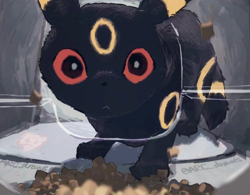 arc_draws, black_eyes, colored_sclera, food, gen_2_pokemon, hello_street_cat, looking_at_viewer, mr._fresh, nintendo, no_humans, pokemon, pokemon_(creature), red_sclera, twitter_username, umbreon