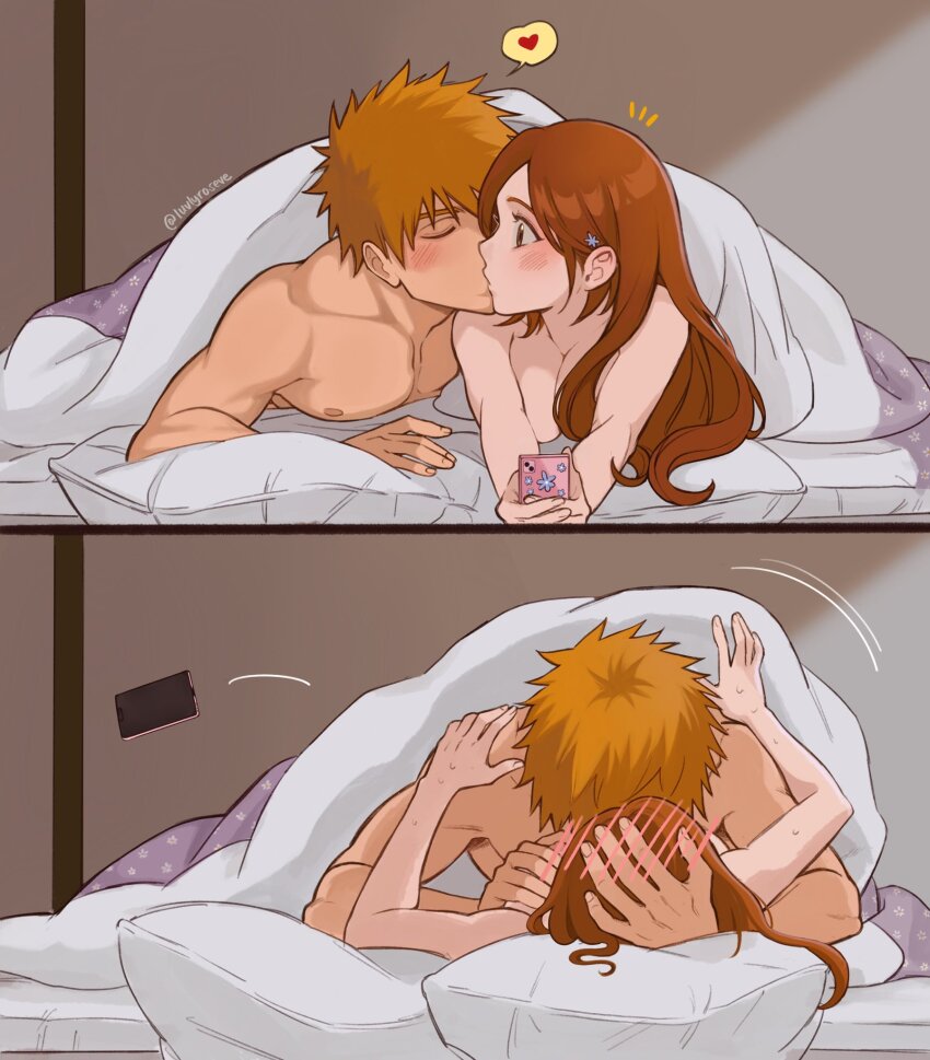 1boy, 1girl, bed_sheet, bleach, blush, boy_on_top, breasts, brown_eyes, collarbone, commentary, couple, english_commentary, hair_behind_ear, hair_ornament, hairclip, hand_on_another's_head, heart, hetero, highres, holding, holding_phone, indoors, inoue_orihime, kiss, kurosaki_ichigo, large_breasts, long_hair, looking_at_another, luvlyroseve, lying, motion_lines, notice_lines, nude, on_back, on_stomach, orange_hair, pectorals, phone, pillow, short_hair, spiked_hair, spoken_heart, sweat, twitter_username, under_covers, upper_body