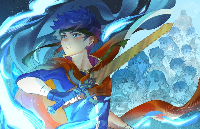 3girls, 6+boys, absurdres, blue_eyes, blue_hair, boyd_(fire_emblem), elena_(fire_emblem), fingerless_gloves