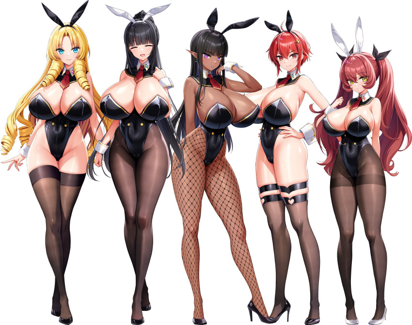 5girls, absurdres, animal_ears, arms_behind_back, bare_shoulders, black_hair, black_hairband, black_leotard, black_pantyhose, black_thighhighs, blonde_hair, blue_eyes, blunt_bangs, blush, bow, bowtie, breasts, brown_pantyhose, chichizaki_momina, cleavage, closed_eyes, closed_mouth, covered_navel, curvy, dark-skinned_female, dark_elf, dark_skin, derauea, detached_collar, drill_hair, drill_sidelocks, elf, fake_animal_ears, felicia_la_nacuras, fishnet_pantyhose, fishnets, hair_ornament, hair_ribbon, hairband, hand_on_own_hip, high_heels, highleg, highleg_leotard, highres, huge_breasts, karla_lil_earthian, large_breasts, leotard, long_hair, looking_at_viewer, meamea_fo_rusalka, mole, mole_under_eye, motto!_haramase!_(series), motto!_haramase!_honoo_no_oppai_isekai_oppai_bunny_gakuen!, multiple_girls, necktie, no_bra, no_panties, o-ring, ojou-sama, open_mouth, oppai_loli, pantyhose, parted_bangs, playboy_bunny, pointy_ears, ponytail, purple_eyes, rabbit_ears, rabbit_tail, raelda_le_failda, red_eyes, red_hair, red_necktie, ribbon, shoes, short_hair, short_necktie, side_drill, sidelocks, skindentation, smile, standing, strapless, strapless_leotard, tail, thigh_strap, thighband_pantyhose, thighhighs, thighs, transparent_background, twin_drills, twintails, very_long_hair, wrist_cuffs, yellow_eyes