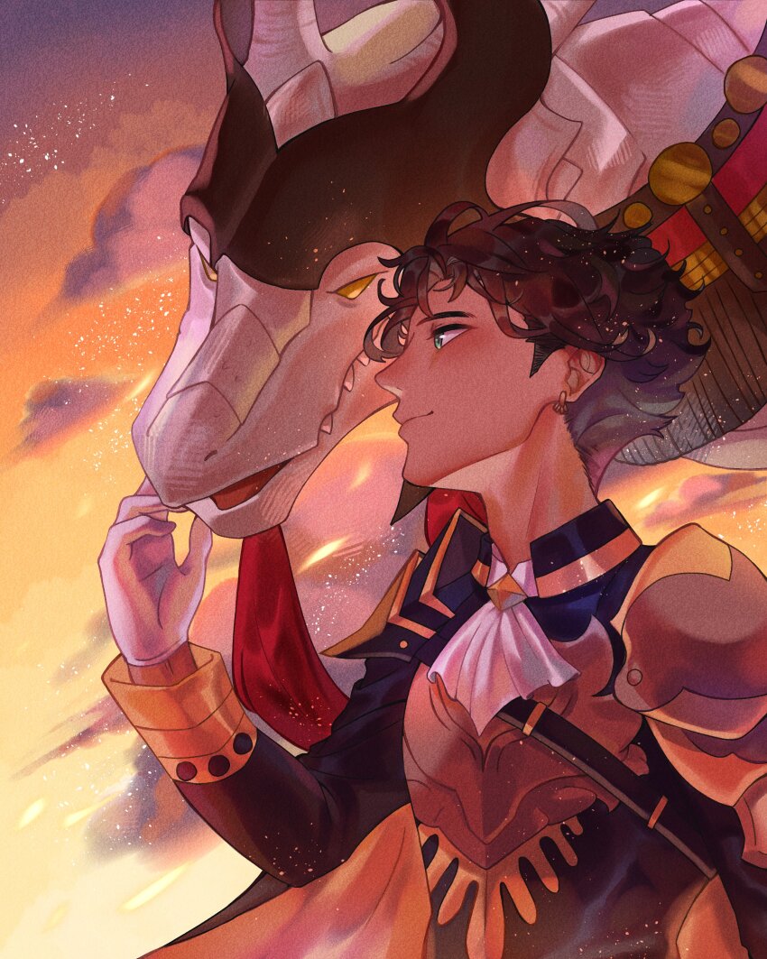 1boy, 1other, absurdres, brown_hair, claude_von_riegan, dark-skinned_male, dark_skin, dragon