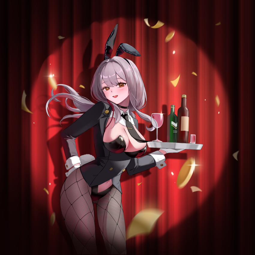 1girl, :d, absurdres, ade_(agent_bunny)_(nikke), ade_(nikke), ade_(nikke)_(cosplay), animal_ear_hairband, animal_ears