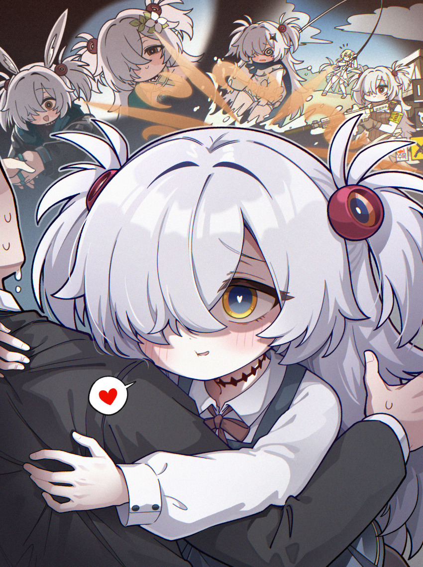 1boy, 2girls, @_@, absurdres, amiya_(arknights), amiya_(arknights)_(cosplay), animal_ears, arknights