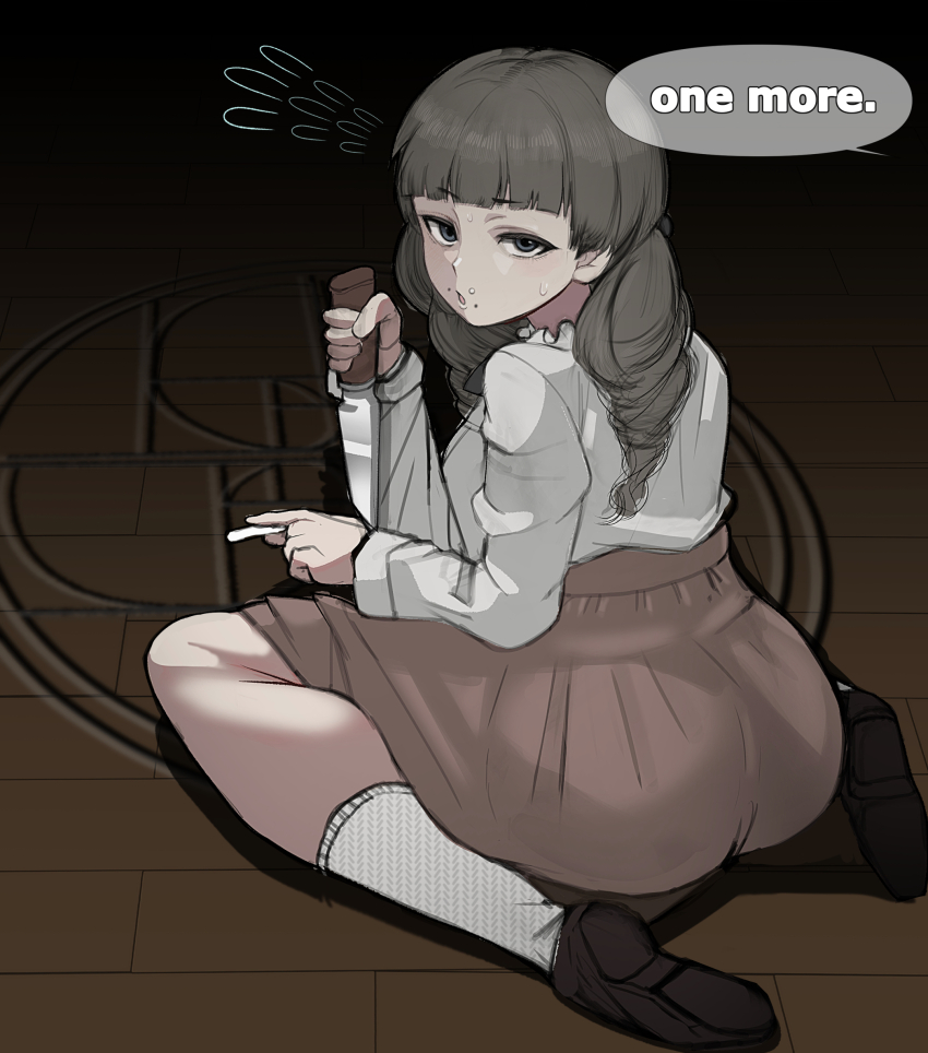 1girl, ass, blunt_bangs, brown_eyes, brown_hair, brown_shoes, chalk, english_text