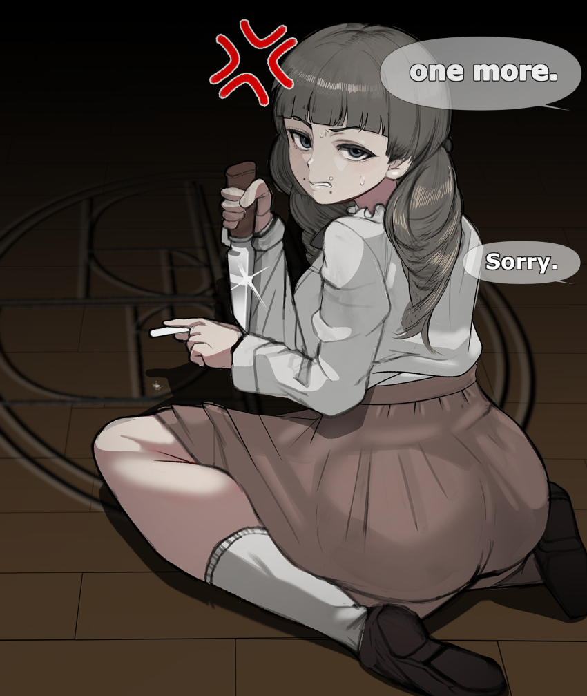 1girl, absurdres, anger_vein, angry, ass, blunt_bangs, brown_eyes, brown_hair