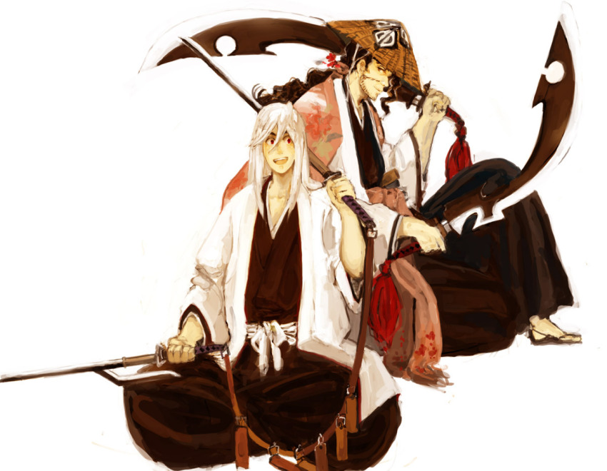 2boys, bleach, brown_hair, ex.rudo, hat, katana, kyouraku_shunsui, multiple_boys, smile, straw_hat, sword, ukitake_juushirou, weapon, white_hair
