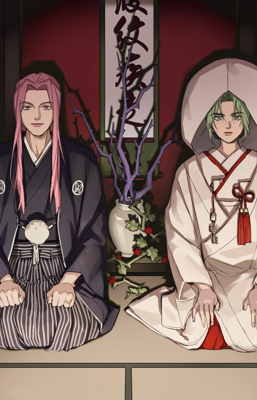 1boy, 1girl, alternate_costume, black_kimono, commentary_request, flower_knot, fusuma, green_eyes