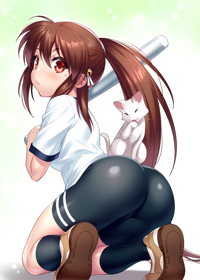 1girl, ass, baseball_bat, bike_shorts, brown_hair, cat_on_person, from_behind, gym_uniform