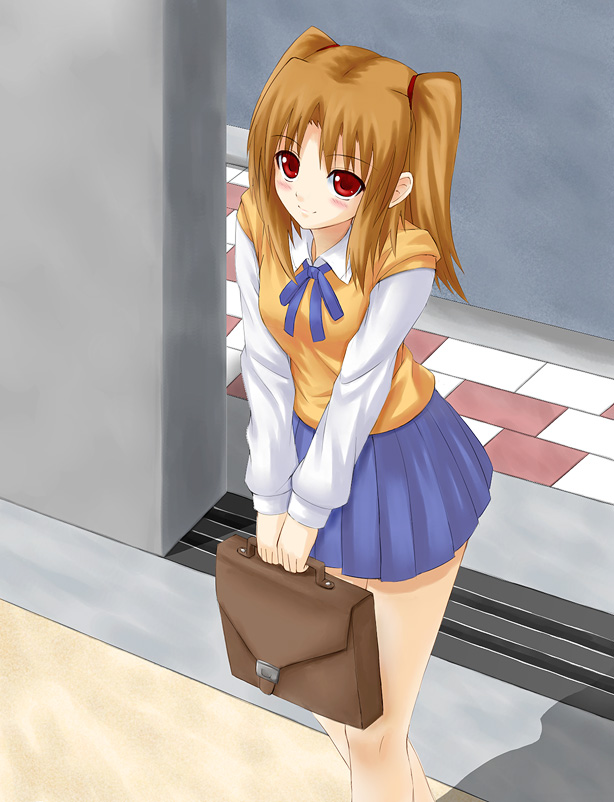 00s, blush, brown_hair, red_eyes, school_uniform, serafuku, skirt, smile