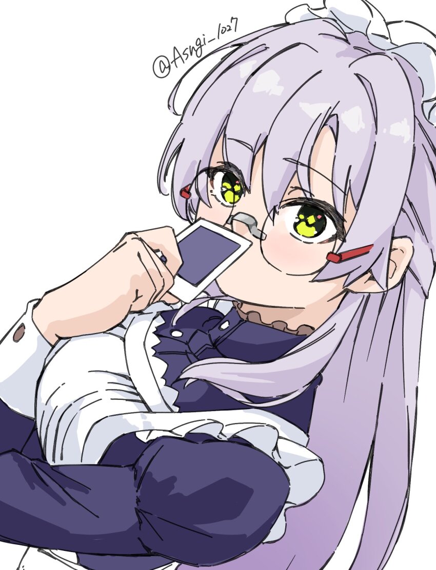 1girl, alternate_costume, apron, asngi_1027hana, enmaided, glasses, green_eyes, grey_hair