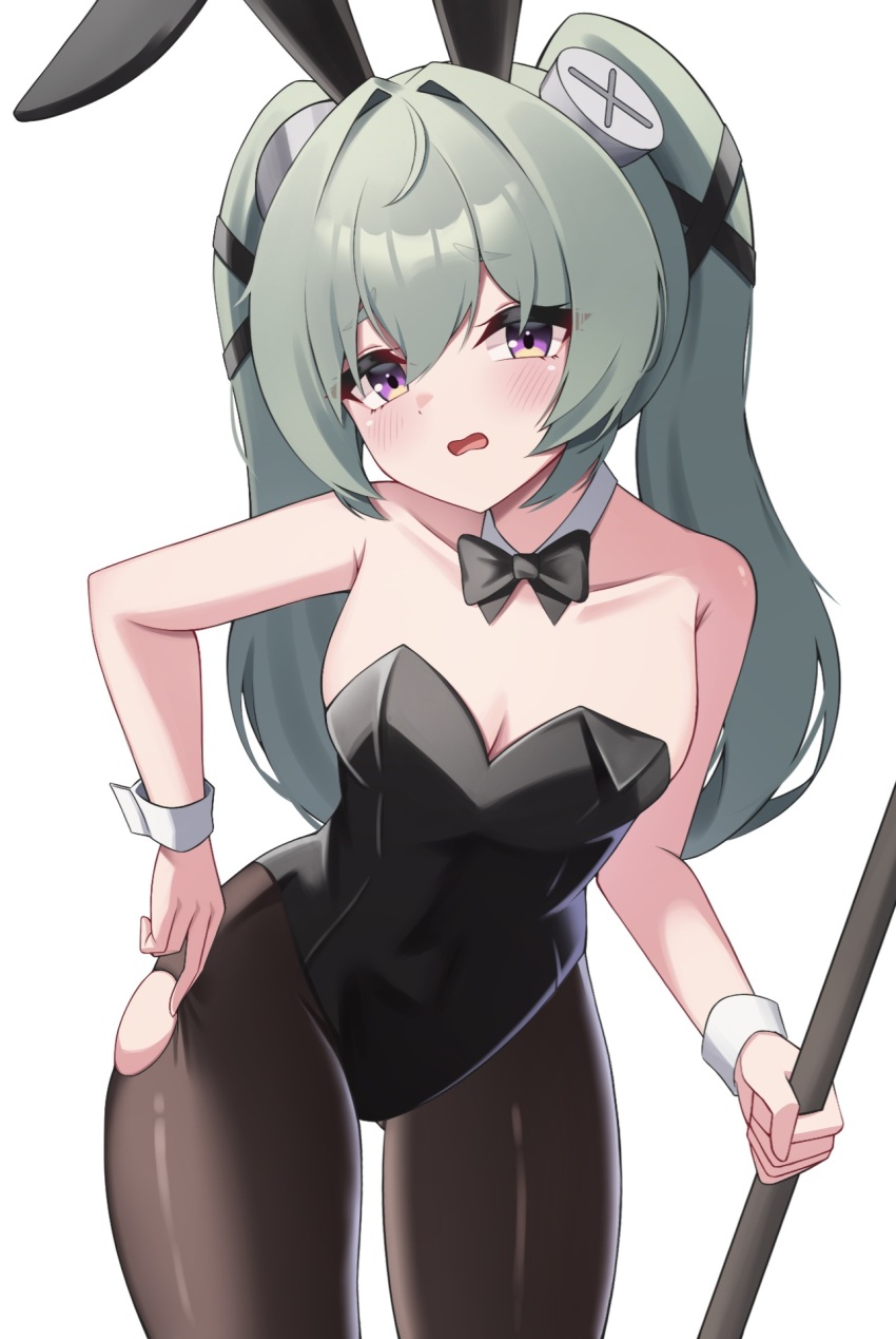 1girl, animal_ear_hairband, animal_ears, black_bow, black_bowtie, black_leotard, black_pantyhose, bow, bowtie, corin_wickes, detached_collar, fake_animal_ears, green_hair, hairband, highres, leotard, pantyhose, playboy_bunny, puleudingding, purple_eyes, rabbit_ears, simple_background, solo, stick, strapless, strapless_leotard, torn_clothes, torn_pantyhose, twintails, white_background, wrist_cuffs, zenless_zone_zero
