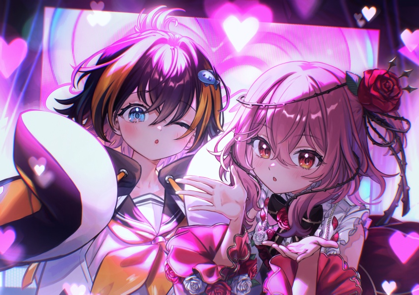 2girls, :o, ;o, absurdres, black_bow, black_bowtie, black_hair, black_hoodie