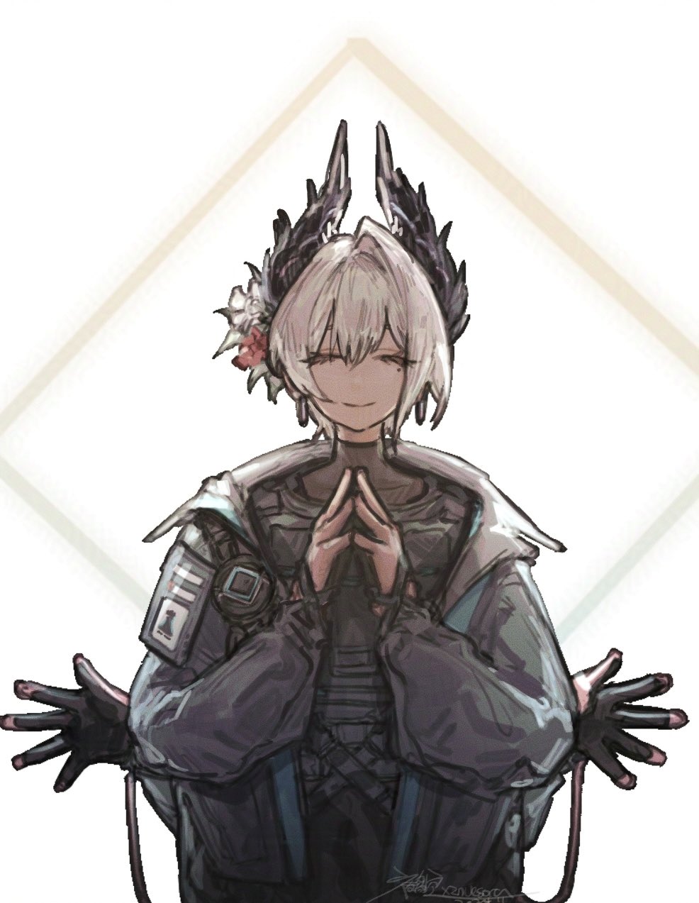 1girl, arknights, bird_girl, black_feathers, black_gloves, cable, closed_eyes, commentary