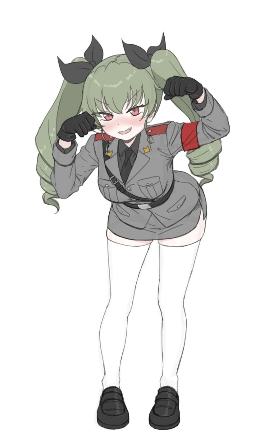 1girl, adapted_costume, alternate_uniform, anchovy_(girls_und_panzer), anzio_military_uniform, armband, belt, black_belt, black_bow, black_cat03, black_gloves, black_necktie, black_shirt, black_shorts, blush, bow, breasts, collared_shirt, drill_hair, fang, girls_und_panzer, gloves, green_hair, grey_jacket, grey_skirt, hair_bow, highres, jacket, long_hair, long_sleeves, medium_breasts, miniskirt, necktie, open_mouth, paw_pose, pencil_skirt, red_armband, red_eyes, shirt, shorts, side_slit, skirt, smile, solo, standing, thighhighs, twin_drills, twintails, white_background, white_thighhighs