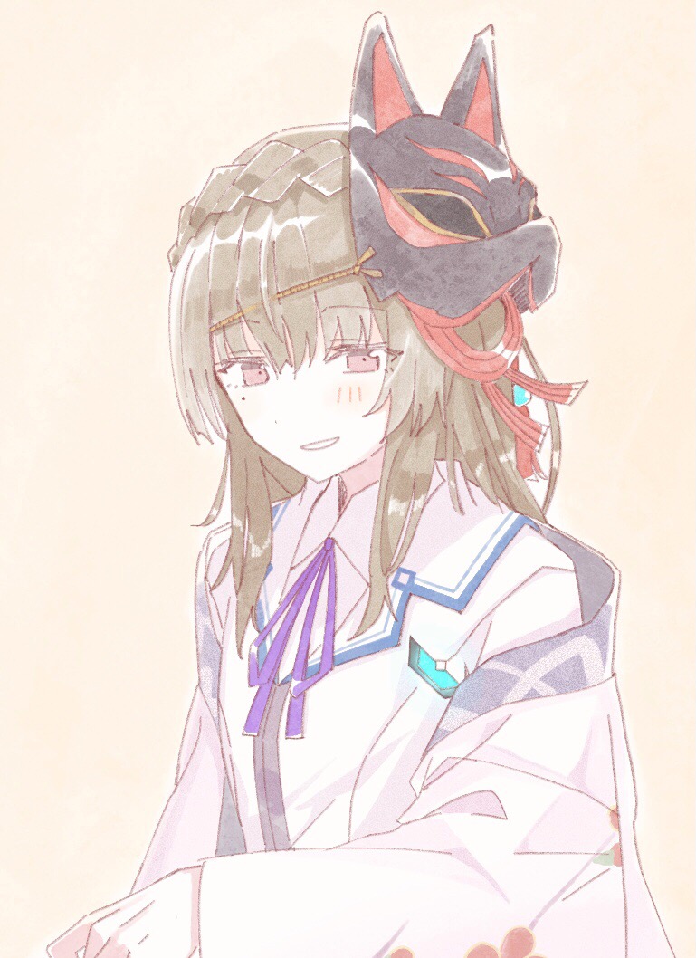 braid, breasts, brown_hair, crown_braid, fox_mask, hair_ornament, hair_stick, heaven_burns_red