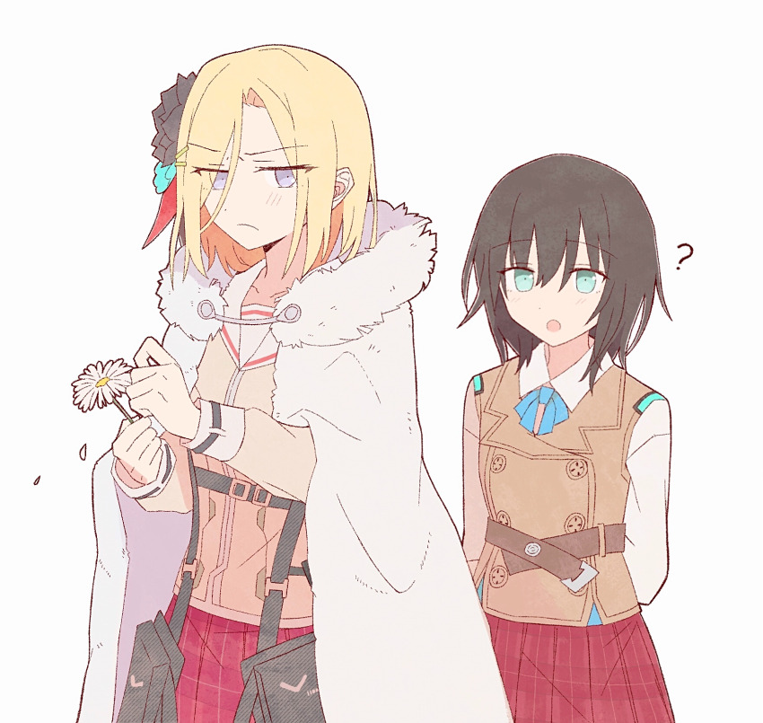 2girls, aoi_erika, black_hair, blonde_hair, bow, breasts, cape, flower, fur-trimmed_cape, fur_trim, green_eyes, hair_flower, hair_ornament, heaven_burns_red, highres, long_sleeves, medium_hair, minase_ichigo, multiple_girls, rose, shirt, short_hair, skirt, tkeo3, vest, white_shirt