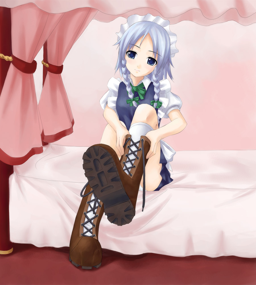1girl, bed, boots, braid, female_focus, izayoi_sakuya, short_hair, silver_hair