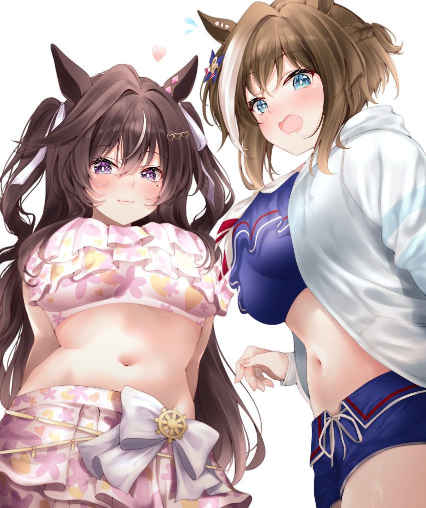 2girls, absurdres, animal_ears, bikini, bikini_shorts, bikini_skirt, blue_bikini, blue_swim_trunks