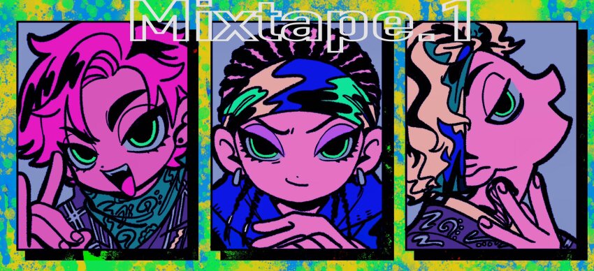 3boys, :d, abinofa, bags_under_eyes, bandana, black_border, black_hair, blonde_hair