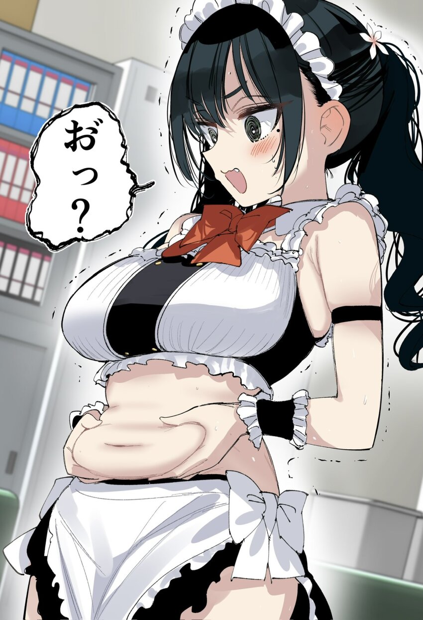 1girl, @_@, bad_girl_(manga), bikini, black_hair, blush, bow, bowtie, breasts, commentary_request, fang, flower, frilled_wrist_cuffs, frills, pinching_own_belly, hair_flower, hair_ornament, highres, large_breasts, long_hair, maid, maid_bikini, maid_headdress, medium_breasts, mole, mole_under_eye, nikumaru, plump, red_bow, red_bowtie, ruriha_rura, solo, swimsuit, twintails, unconventional_maid, wrist_cuffs