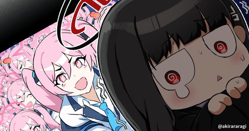 6+girls, @_@, ^_^, a-kiraa_(whisper), aqua_necktie, black_hair, black_halo, black_suit