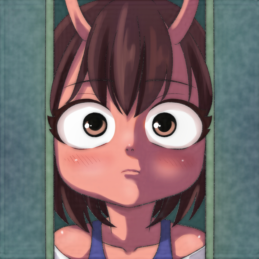 1girl, alien, antennae, blue_bra, blush, bra, bra_strap, brown_eyes