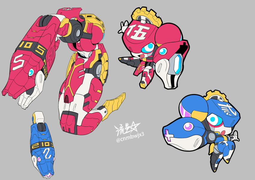 2girls, arm_cannon, blue_eyes, chibi, commentary_request, hair_bun, highres, multiple_girls, non-humanoid_robot, open_mouth, original, robot, robot_animal, robot_snake, ryuusei_(mark_ii), signature, single_side_bun, smile, twitter_username, weapon