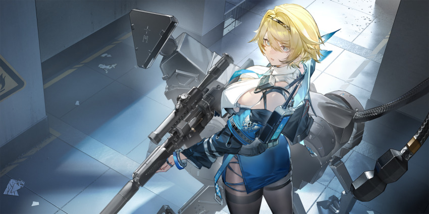 1girl, between_breasts, black_bra, black_pantyhose, blonde_hair, blue_eyes, blue_necktie, blue_skirt