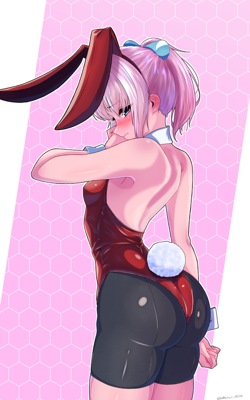 1girl, absurdres, animal_ear_hairband, animal_ears, ass, bike_shorts, bike_shorts_under_leotard, black_shorts